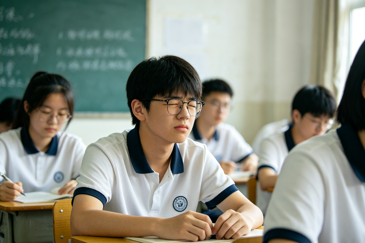 学生眯眼看黑板
